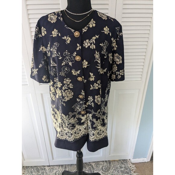 Leslie Fay Vtg Jacket Women's Size 18 Navy Blue Beige Floral Grandmacore Border - Picture 1 of 12